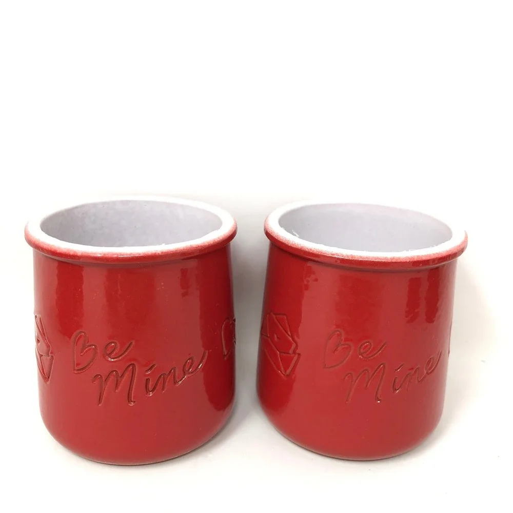La Fermiere Red Ceramic Yogurt Jars Set of 6 Be Mine Bisou Bisou Valentine